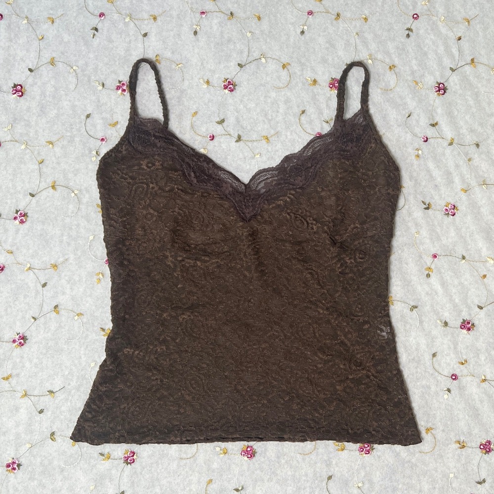 Y2K Fairy‎ Grunge Brown Lace Camisole Babydoll Cami Top Spaghetti Strap Medium